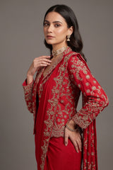 Red Chiffon Chinon Zardosi and Cutdana Worked Readymade Saree with Jacket