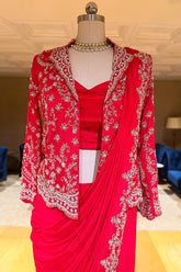 Red Chiffon Chinon Zardosi and Cutdana Worked Readymade Saree with Jacket - red chiffon saree