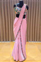 Pink Lycra Net Readymade Saree with Beaded and Cutdana Work - pink net saree