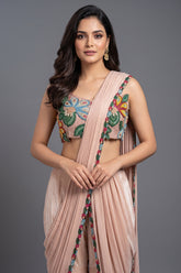 Light Peach Shiny Silk Sharara Style Readymade Saree with Cutdana and Beaded Work - peach silk saree
