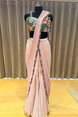 Light Peach Shiny Silk Sharara Style Readymade Saree with Cutdana and Beaded Work