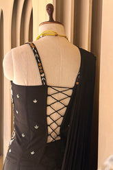 Black Satin Crepe Readymade Saree with Embroidered Sequin Corset - red satin saree embroidered