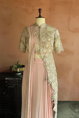 Pink Silk Mirror Cutdana Worked Pre Draped Saree with Asymmetrical Blouse