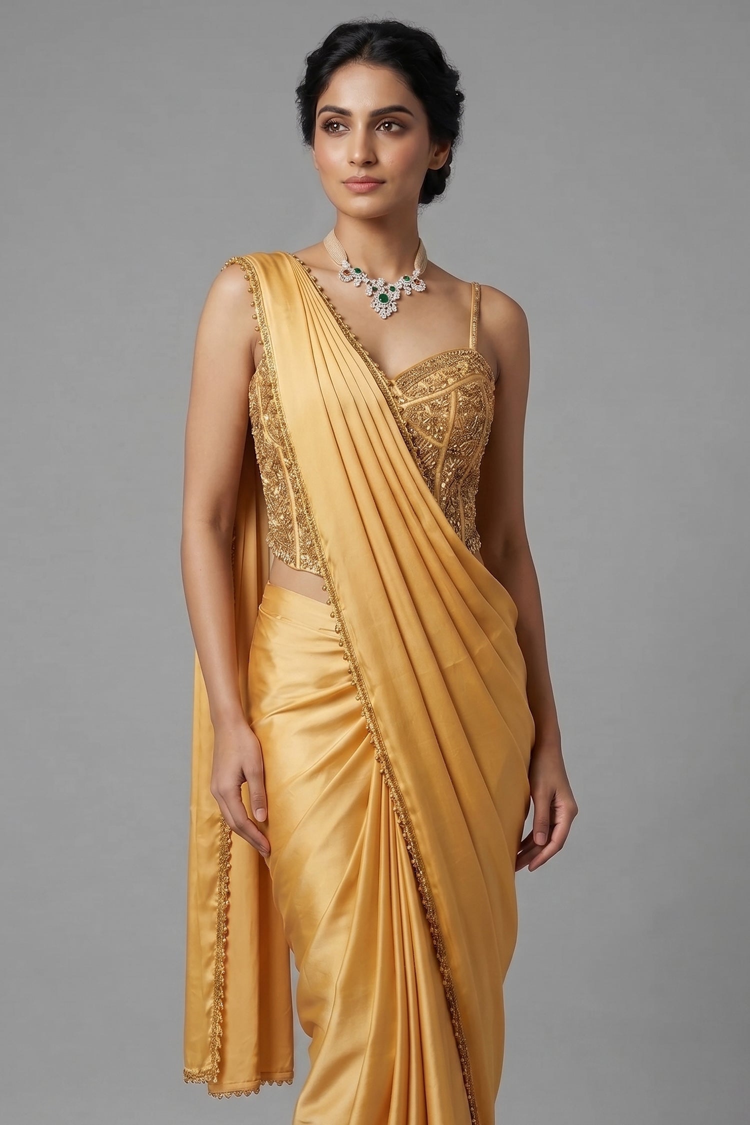 Yellow Crepe Silk Readymade Saree with Corset - yellow silk saree