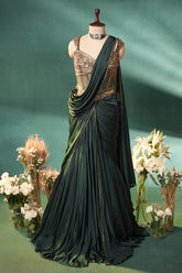 Bottle Green Crepe Satin Silk Pre Draped Lehenga Style Saree with Embellished Corset