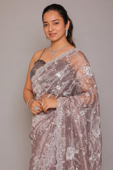 Metallic Lavender Sheen Tissue Organza Gota and Mirror worked Saree - lavender organza saree