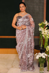 Metallic Lavender Sheen Tissue Organza Gota and Mirror worked Saree - lavender organza saree