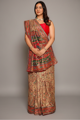 Cream and Multi Colored Pashmina Printed Dola Silk Saree with Cutdana Work