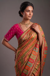 Multi Colored Dola Silk Pashmina Printed Saree with Mirror and Pearl Work - red silk saree