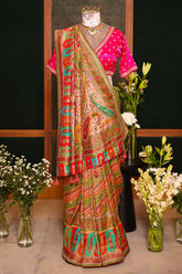 Multi Colored Dola Silk Pashmina Printed Saree with Mirror and Pearl Work - red silk saree