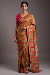 Multi Colored Dola Silk Pashmina Printed Saree with Mirror and Pearl Work - red silk saree