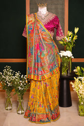 Yellow Dola Silk Pashmina Printed Saree with Cutdana Mirror and Pearl Work - yellow silk saree