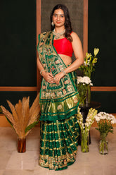 Green Gaji Silk Traditional Gharchola Saree with Zardosi Work - green silk saree
