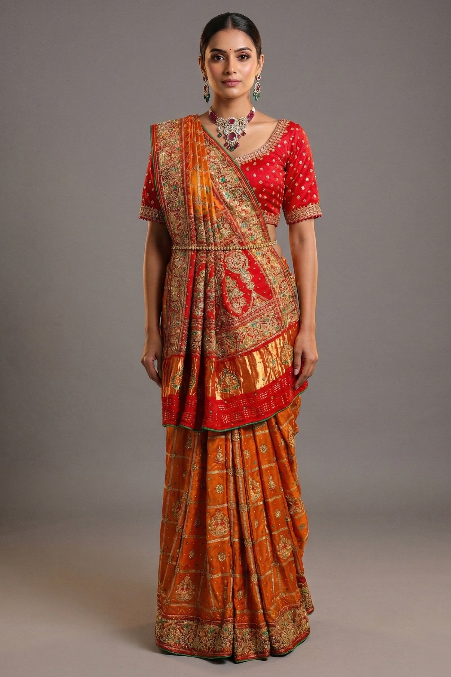 Mustard Yellow Gaji Silk Traditional Gharchola Saree with Contrast Pallu - yellow silk saree
