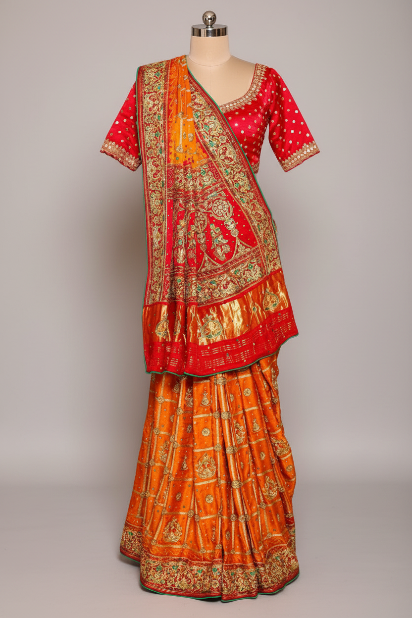 Mustard Yellow Gaji Silk Traditional Gharchola Saree with Contrast Pallu - yellow silk saree