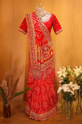 Red Gaji Silk Bandhej Traditional Saree with Handwork and Beaded Frindges Lace - red silk saree bandhej