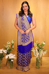 Blue Georgette Traditional Checks Bandhej Saree with Handwork - blue georgette saree bandhej