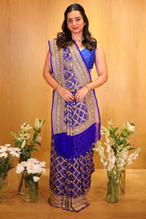 Blue Georgette Traditional Checks Bandhej Saree with Handwork
