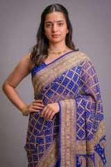 Blue Georgette Traditional Checks Bandhej Saree with Handwork - blue georgette saree bandhej