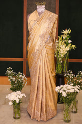 Golden Kanchipuram Tissue Silk traditional All Over Woven Saree with Zardosi Work Border - gold silk saree