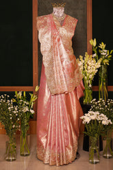 Light Pink Kanchipuram Tissue Traditional Woven Saree with Zardosi Work - pink saree