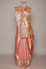 Light Pink Kanchipuram Tissue Traditional Woven Saree with Zardosi Work