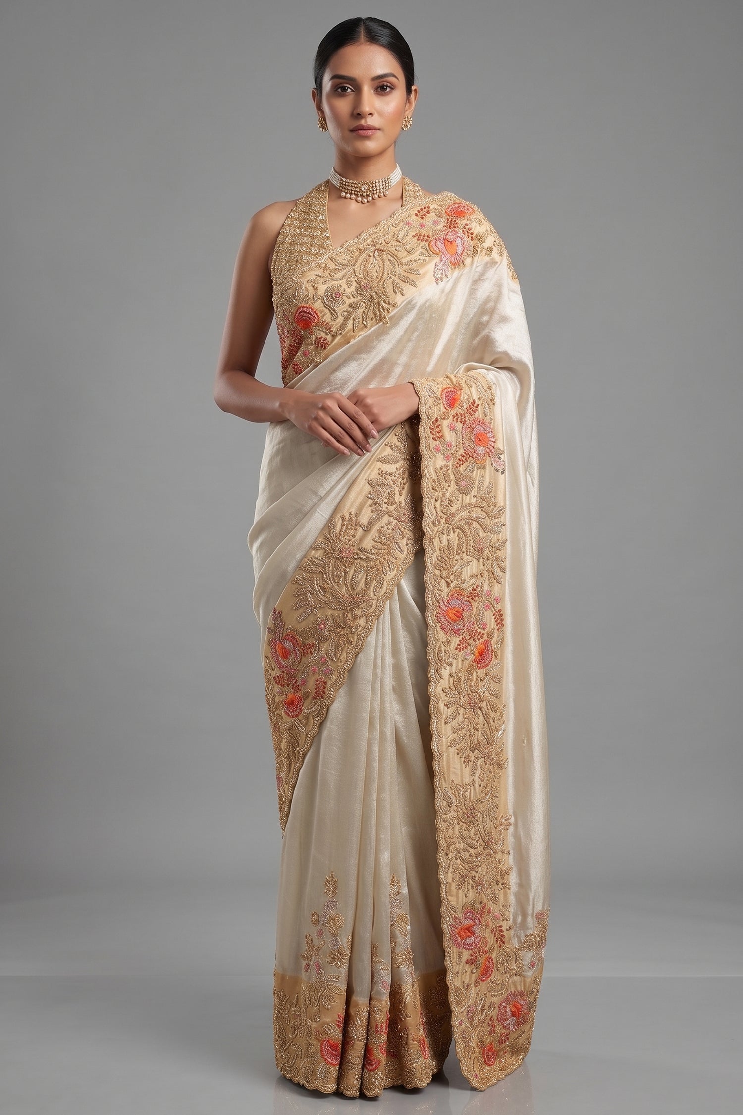 Off White Tissue Saree with Contrast Floral Embroidery and Sequin Beaded Work Border - white saree embroidery