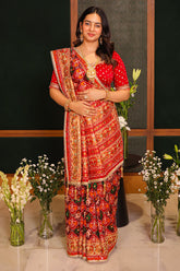 Multi Colored Checks Art Silk Patola Saree with Handwork Pallu and Border - red silk saree patola