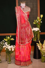 Pink Checks Art Silk Saree with Handworked Border and Pallu - pink silk saree