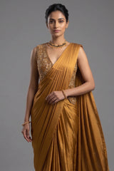 Golden Satin Silk Pre Draped Saree with Cutdana and Pearl Worked Jacket - gold silk saree