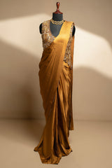 Golden Satin Silk Pre Draped Saree with Cutdana and Pearl Worked Jacket