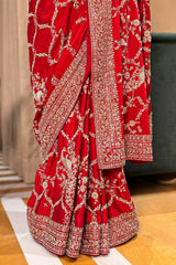 Red Satin Silk Designer Saree with Zardosi and Sequin Work - red silk saree