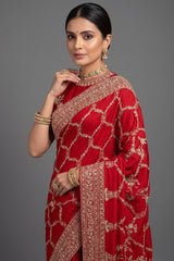 Red Satin Silk Designer Saree with Zardosi and Sequin Work - red silk saree