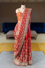 Rust Orange Organza Zardosi Worked Designer Saree - orange organza saree