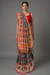 Green Silk Traditional Patola Saree with Multi Colored Bead and Mirror Work - red silk saree patola