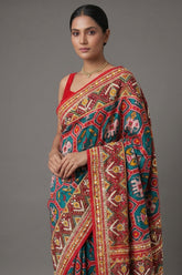 Green Silk Traditional Patola Saree with Multi Colored Bead and Mirror Work - red silk saree patola
