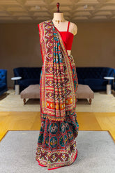 Green Silk Traditional Patola Saree with Multi Colored Bead and Mirror Work - red silk saree patola