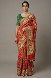 Red Silk Traditional Patola Saree with Handworked Elephant Motif Border