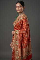 Red Silk Traditional Patola Saree with Handworked Elephant Motif Border - red silk saree patola