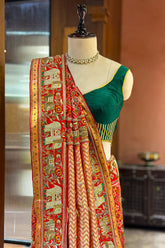 Red Silk Traditional Patola Saree with Handworked Elephant Motif Border - red silk saree patola