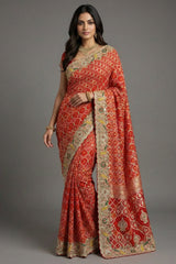 Red Georgette Bandhej Saree with Handworked Border