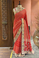 Red Georgette Bandhej Saree with Handworked Border