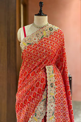 Red Georgette Bandhej Saree with Handworked Border