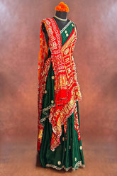 Green and Red Gaji Silk Bandhej Saree with Applique and Mirror Work