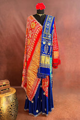 Blue and Red Gaji Silk Bandhej Saree with Applique and Sequins Work