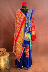 Blue and Red Gaji Silk Bandhej Saree with Applique and Sequins Work