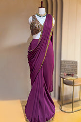Purple Georgette Crepe Pre Draped Saree with Metallic Work Blouse - purple georgette saree