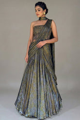 Grey Georgette Pre Draped Lehenga Style Saree with Cutdana Work Co-ord Set Blouse