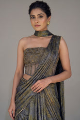 Grey Georgette Pre Draped Lehenga Style Saree with Cutdana Work Co-ord Set Blouse - grey georgette saree