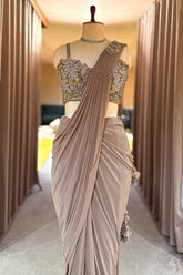 Taupe Pre-Draped Saree with Embellished Blouse - saree
